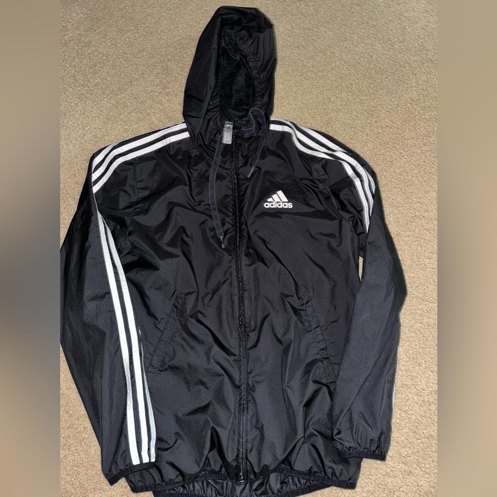 Adidas Men's Black Windbreaker with White Stripes